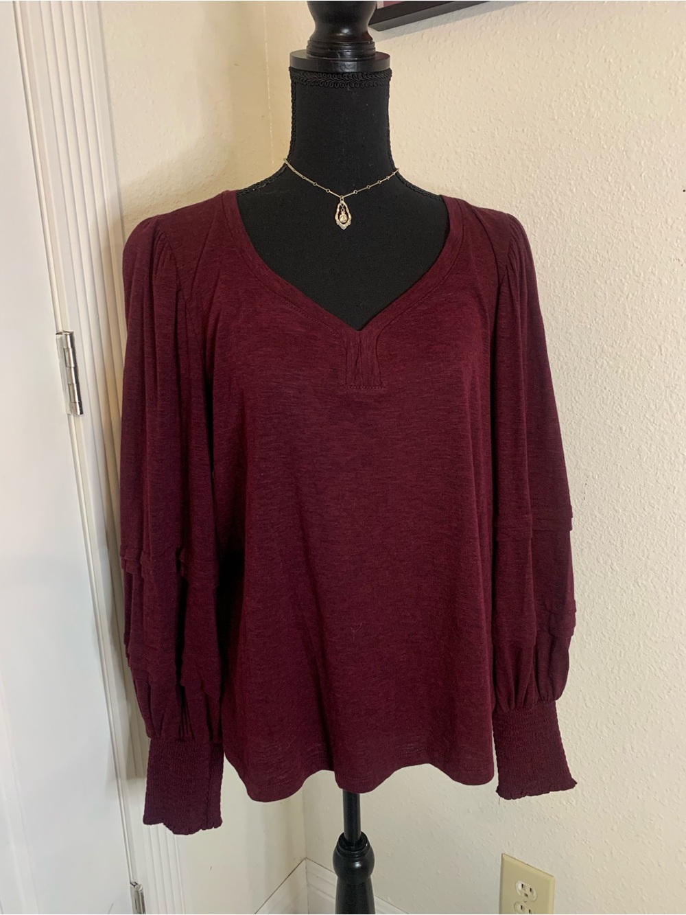 Democracy Burgundy V-Neck Long Sleeve Peasant Top